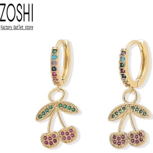 2021 New Pink Cherry Drop Earrings For Women CZ Copper Multicolor Crystal Plant Hoop earrings Fashion Girls Gifts High Quality