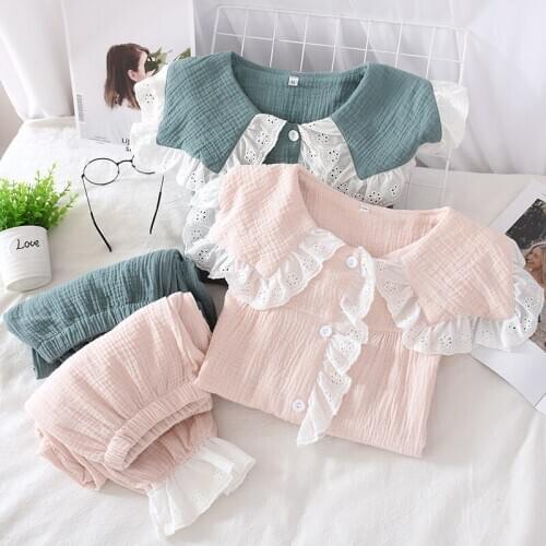 Fdfklak Autumn Ladies Gauze Cotton Sleepwear Long Sleeve Cardigan+Long Pants Loose Pajamas Set Pink/Green Homewear Casual Wear