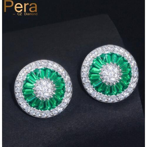 Pera Elegant Design Cubic Zirconia Pave Setting Silver Color Women Party Big Round Green Crystal Stud Earrings For Gift E207