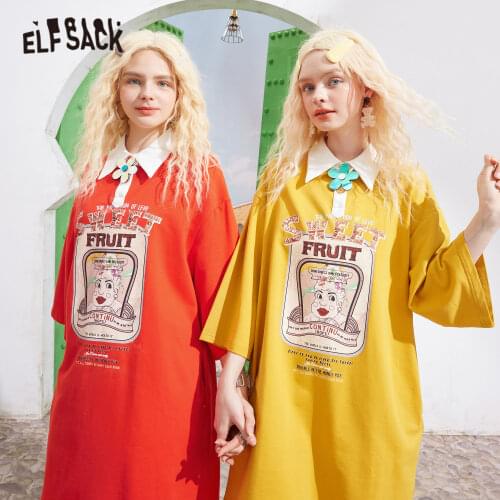 ELFSACK Funny Graphic Print Casual Vintage Dresses Women,2021 Summer Stylish Half Sleeve Korean Ladies Straight Daily Dress