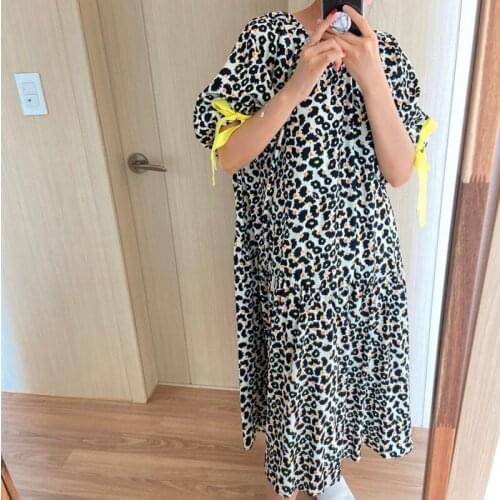 RUGOD Leopard Print Summer Woman Dress O Neck Pullover Casual Holiday Dresses for Women Pleated Drawstring Long Vestidos 2021