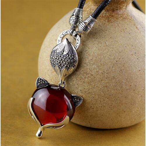 100% Real 925 Sterling Silver Jewelry Red Garnet Retro & Elegant Fox Pendant For Women Sweater Chain Pendants