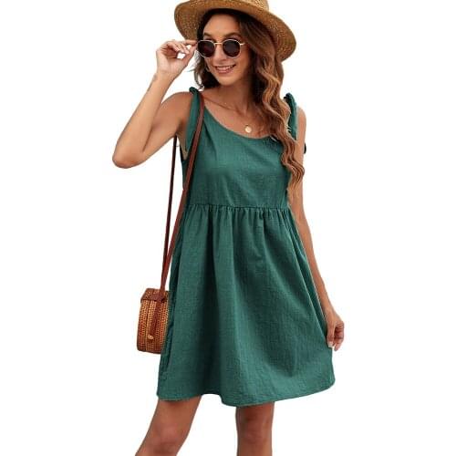 Casual O-neck Bow Pure Color Mini Dress Fashion Sleeveless Loose A-line Vestidos Green Lace Up Dresses For Women 2021 Robe Femme