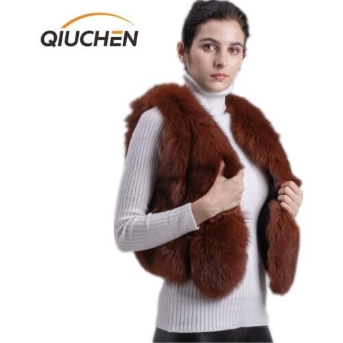 QIUCHEN PJ1807 2020 free shipping real fox fur short vest fashion girls fur gilet fluffy fox high quality wholesale