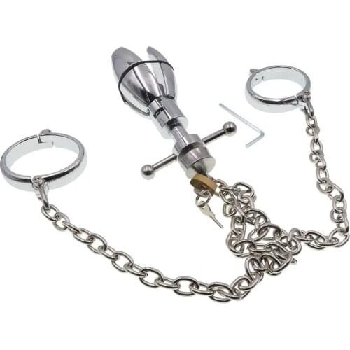 Metal Anal Dilator Ass Expanding with Handcuffs Chastity Device Butt Plug Lock Anus Anal Sex Toys For Women Men Couples Adults