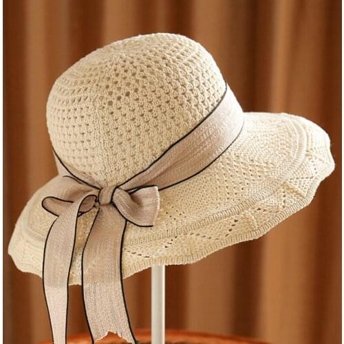 Summer Bow Sun Hats Empty Top Hat Women UV Protction Caps Cutout Foldable Beach Hat Women Sun Cap Ribbon Knit Raffia Hat Sun Hat