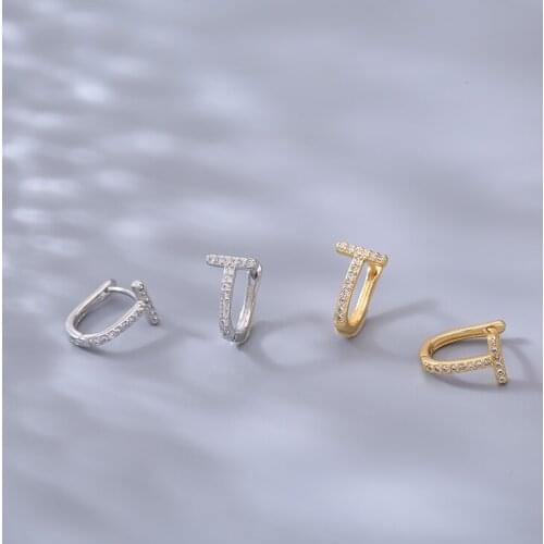 Sipmle Dainty Glitter Gold Color Cubic Zirconia 925 Sterling Silver Hoop Earrings For Women T-shaped Trendy Jewelry Bling Gift