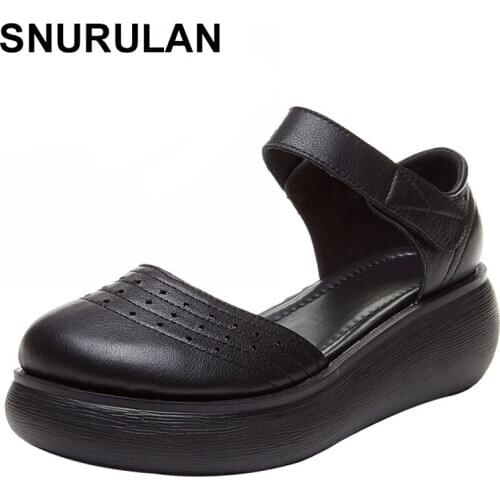 SNURULAN 2020Retro Genuine Leather Women Platform Sandals Sliades Shes Woman Hollow Out Shoes