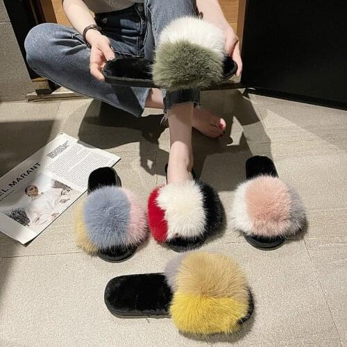 Fur Slippers Women Furry Slides Summer Fluffy Slippers House Shoes Woman Real Fur Slides Home Wholesale Womens Fur Fox Slippers