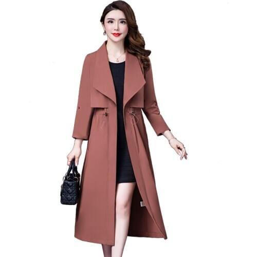 Fashion windbreaker autumn large size women long drawstring waist Solid color Large lapel slimming temperament trench coat D85