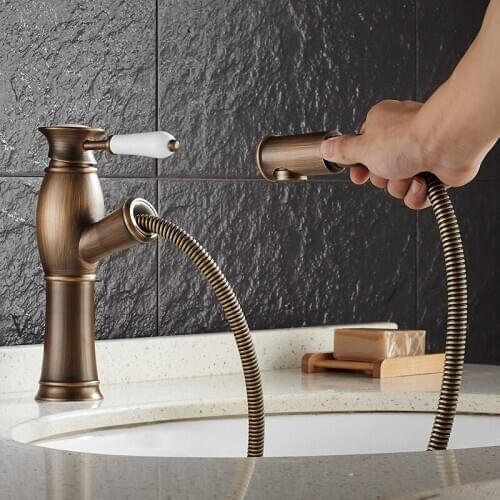 Vidric brass hot and cold black/antique bronze bathroom pull out basin faucet bathroom faucet sink tap with pull out shower head