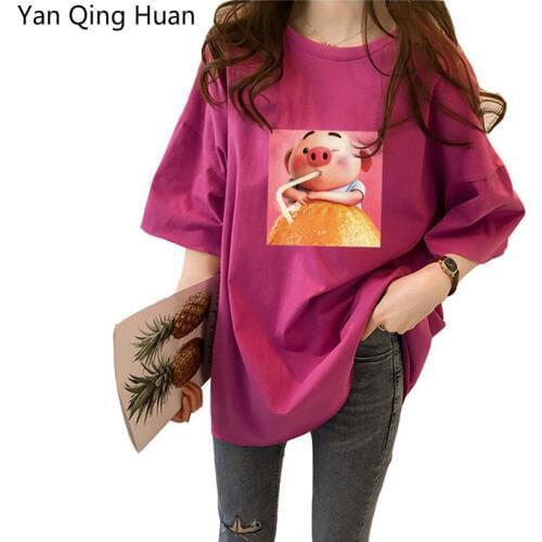 Yan Qing Huan Summer New Korean Version Of Loose Candy Color Pig Print Large Size Tees Half Sleeve Round Neck Womens T-shirt