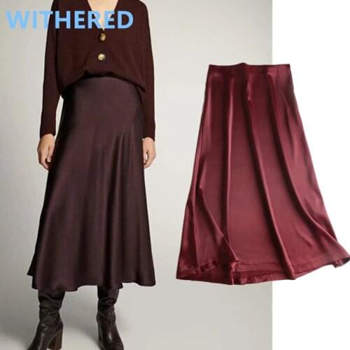 Jenny&Dave long skirts womens england style office lady elegant simple satin shine silk midi skirt women faldas mujer moda
