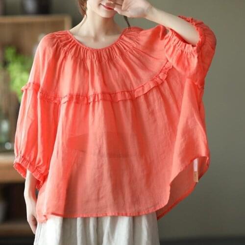 New Summer Arts Style Women Batwing Sleeve O-neck T-shirt Ruffle Design Linen Loose Tee Shirt Femme Tops Big Size aq1039