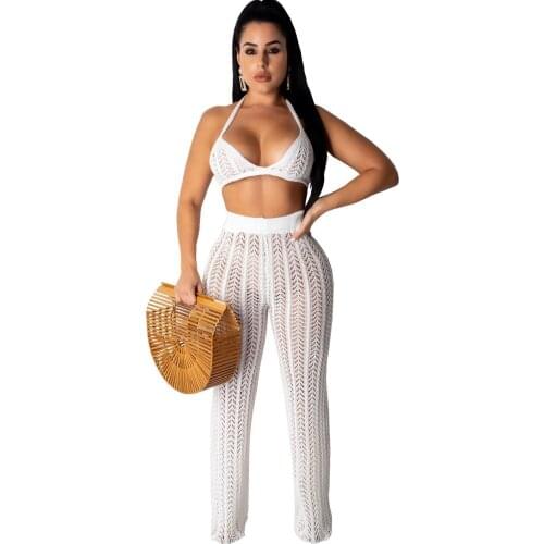 Mesh Hollow Out Perspective Two Piece Pant Suit Womens Crop Tops And Pants Sets Knitted Vest Sweater + Knitting Pants Outfits