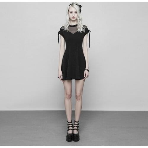 PUNKRAVE Womens Gothic Gauze Sexy Dress Saucy Splice Mesh Short Sleeve Chiffon Dresses