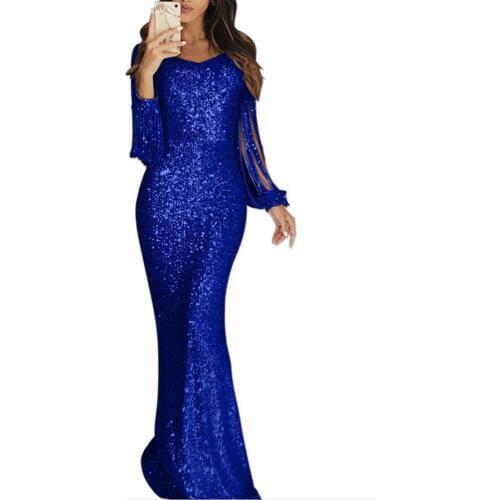 Plus Size Chic Women Dress Elegant Sequined Tassel Long Sleeve V Neck Party Maxi Dress Women Formal Bodycon Dress