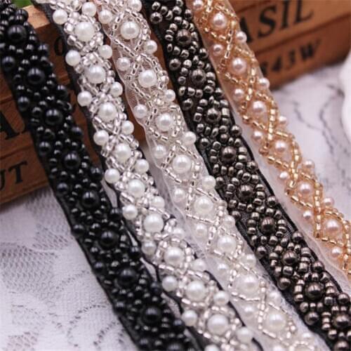1 Yards/Lot Pearl Seed Bead Beaded Trims Lace Ribbon Fabric Clothes Decoration Wedding Dress Collar Sleeve Lace Applique Crafts
