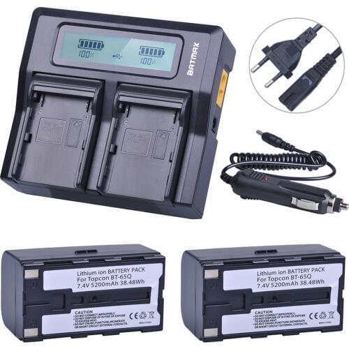 2Pcs 7.4V 5200mAh BT-65Q BT65Q Li-Ion Battery + Rapid LCD Dual Charger Kits for Topcon GTS 900 and GPT 9000 Total Station