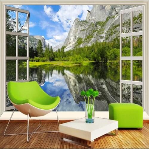 Custom 3D Wall Murals Classic Window Lake Mountain Nature Scenery Photo Wallpapers Living Room Bedroom 3D Decor Papel De Parede