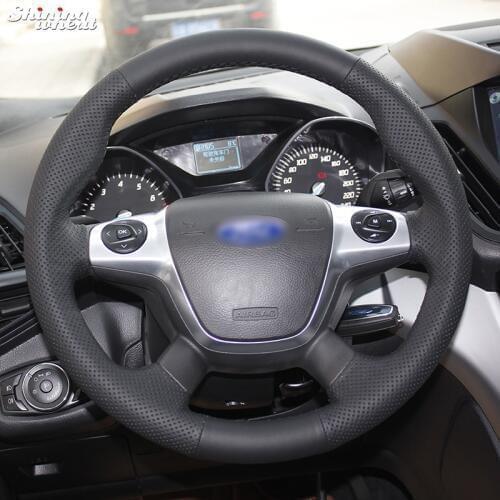 Shining wheat Hand-stitched Black Leather Car Steering Wheel Cover for Ford Focus 3 KUGA Escape 2012 2013