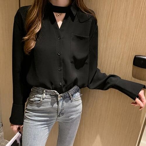 V-Neck Black Blouse Vintage Long Sleeve Button Chiffon Shirt Women Woman Tops 2021 Fashion Autumn Womens Clothes Chemisier Femme