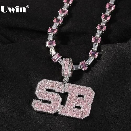 UWIN Custom Baguette Name Pendant with Pink Stone Heart tennis Chains Iced Out Personalized Name Necklace Fashion Hiphop Jewelry