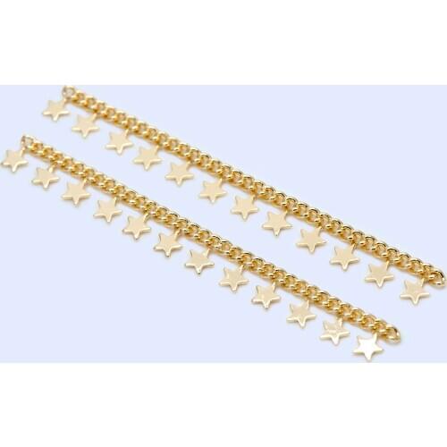 10pcs Gold Curb Chain with Star Charms, 18K Real Gold plated Brass Chain, 72mm Long in Pieces (#GB-1157)