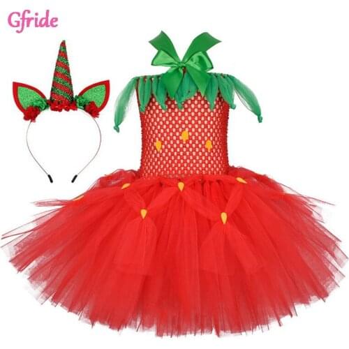 Kids Fruit Strawberry Costume For Girls Dance Carnival Theme Party Dresses Children Princess Red Tutu Dress With Headband Sets