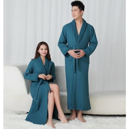 Women Waffle Peignoir Mens Kimono Robes Lovers Long Bathrobe Cotton Nightgown Pajamas Couple