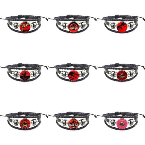 EJ Glaze Famous Brand Jewelry With Glass Cabochon Black Leather Bracelet Bangle For Girls Best Gift Jurassic Park