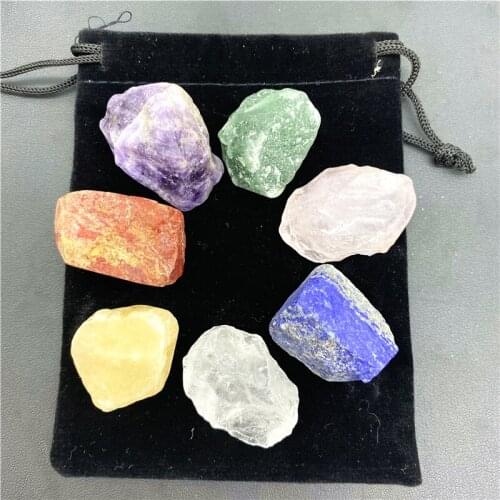 Beautiful 1 Set Natural Crystal Stone Seven Chakras Black Cloth Bag Large Grain Unpolished Collection Natural Quartz Crystals