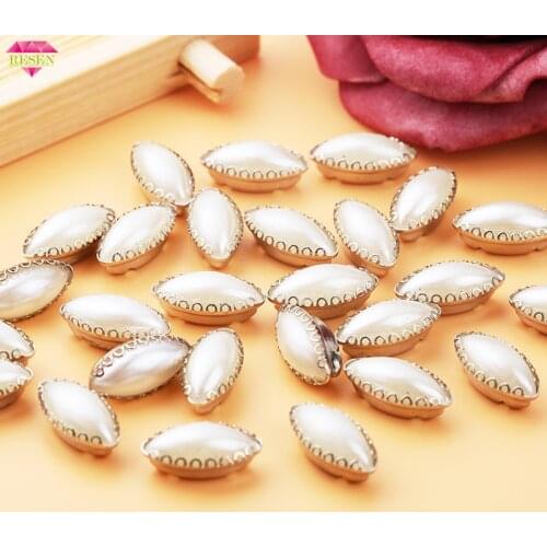 RESEN New Arrival 20PCS/PACK 7X15mm Horse Eye Pearl Rhinestones Sew On Pearls Flower Claw Sewing Navette Pearls For Garment