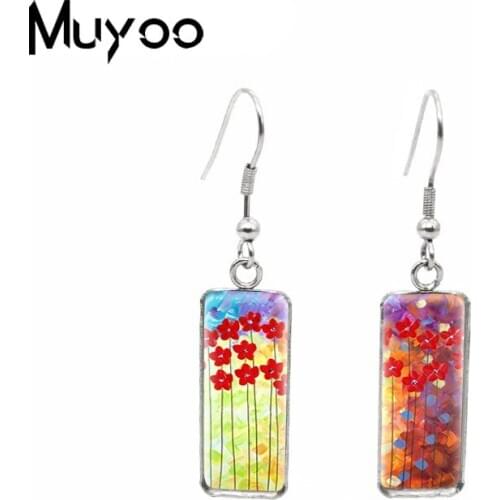 New Poppies Cherry Blossom Flowers Patterns Handmade Jewelry Rectangle Dangles Vintage Flower Paintings Fish Hook Earrings