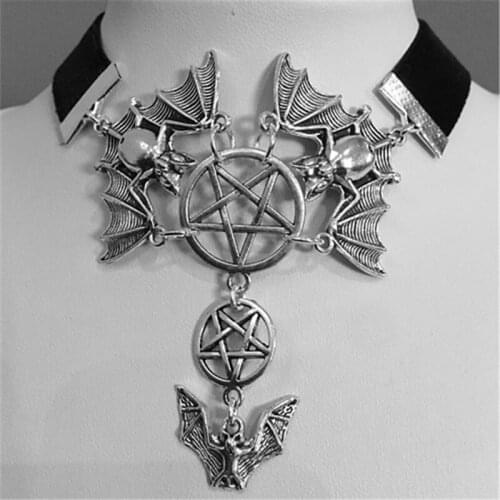 Gothic Flying Bat Pentagram Necklace For Women Punk Fashion Trendy Cool Neck Vintage Velvet Chain Necklace Statement Jewelry New