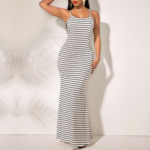 MISSJOY Striped Print Suspenders Elegant Open Back Cross Lace Up Mermaid Dress Spring Summer Holiday Beach Clubwear Maxi Dress