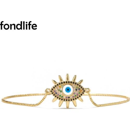 Multicolor Cubic Zirconia Stones Evil Eye Charm Link Chain Bracelet Trendy Women Lady Gold-plated Copper Lace up CZ Jewelry Gift