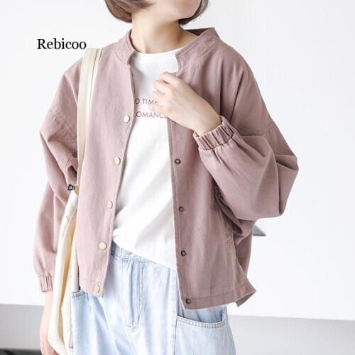 Rebicoo wild spring and autumn season new stand-up collar solid color single-row copper buckle tooling jacket short jacket