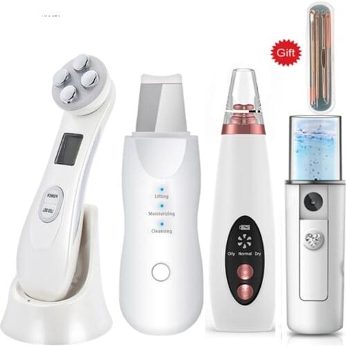 RF EMS LED Mesotherapy Facial Massager+Ultrasonic Skin Scrubber+Blackhead Remover Electric Pore Cleaner+Nano spray Face Steamer