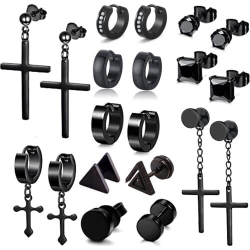 2pcs 12 Style Black Stud Earrings Hoop Earrings Set for Men Women Stainless Steel Cross Huggie Earrings Piercing