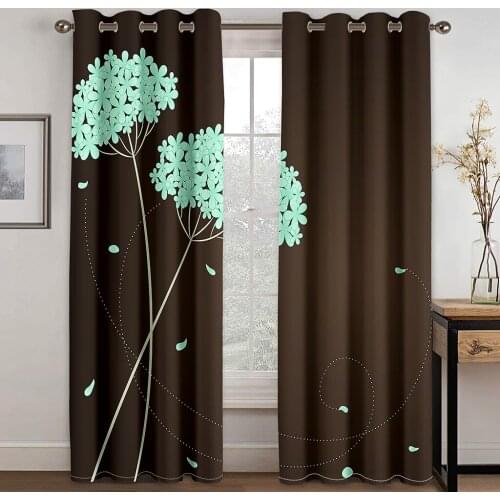 Home Grommet curtains Living Room Bedroom Decoration Black Silk Cloth Curtains and White Dandelion Pattern Printing