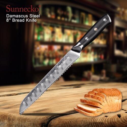 SUNNECKO High Quality 8" Bread Knife Damascus Steel Japanese VG10 Blade Kitchen Knives G10 Handle Damascus Cutter Chefs Knife