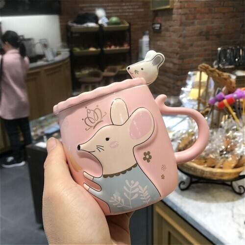 Super cute mug with lid spoon girl cup mouse mug children/kids ceramic cup household milk breakfast cup fun gift coffe mug C1224