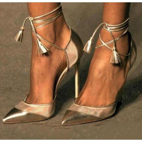 Hot Selling Designer Women Champagne Gold Lace-up High Heel Pumps Pointed Toe Patchwork Fringe Ankle Strap Dress shoes woman Siz