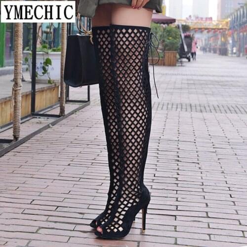 YMECHIC Sexy Long Hollow Ladies High Heels Gladiator Boot Sandals Summer Shoes Woman Red Black Over Knee High Gladiator Sandals