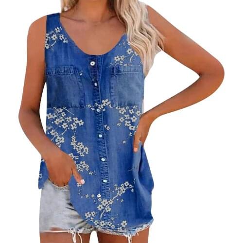 Sleeveless Womens Tops And Blouses Fashion Womens Loose Solid Color Denim Pocket Button O Neck Top Blusas Mujer De Moda 2021