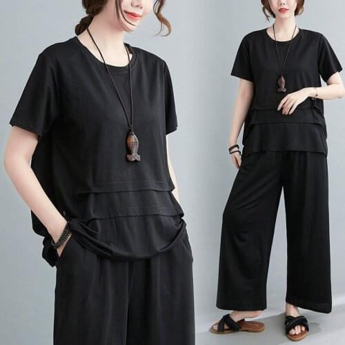 2021 New Summer Outfit Large Size Casual Two Piece Loose And Short Sleeve Shirt Solid Color Wide Leg Pants Suit Women Set zh258
