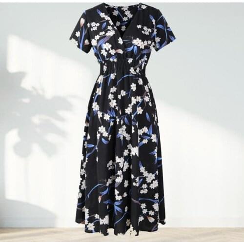 Women Dress Floral Print V Neck Summer Short Sleeve Waist Tight Dress Lady Sexy Elegant Casual Long Dresses Party Beach Clothes