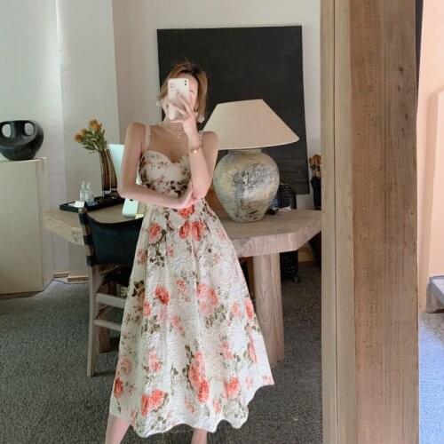 Fashion Summer Vintage Floral Print Maxi Party Dress Ladies Elegant French Romantic Robe Strap Sleeveless Beach Vacation Dress