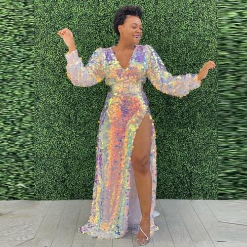 Sexu High Side Slit Long Sleeves Sequined Dresses For Women Party Night Gowns Deep V Neck Straught Female Gown Colorful